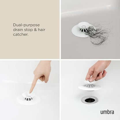 Umbra Flex Hair Catcher, Dual Purpose Shower Drain Stopper, 3-Inch, White | Silicone material, flexible and durable, water resistant, rust proof, easy to clean, fits most standard drains - color: White