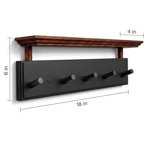 Matías Coat Rack Wall Mount with Shelf, 18 Inch Solid Wood Peg Rail, Wall Mounted Coat Rack with 5 Hooks, Wall Mount Shelf for Entryway, Bathroom or Bedroom (Black and Natural Wood) - color: black and natural wood