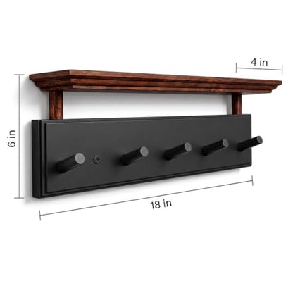 Matías Coat Rack Wall Mount with Shelf, 18 Inch Solid Wood Peg Rail, Wall Mounted Coat Rack with 5 Hooks, Wall Mount Shelf for Entryway, Bathroom or Bedroom (Black and Natural Wood) - color: black and natural wood