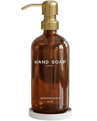 Luxury Glass Hand Soap Dispenser Bathroom Set by Brighter Barns - Refillable Liquid Hand Soap Dispenser Set for Kitchen - Gold Bathroom Decor and Accessories for Airbnb, Spa, Hotel, Gifts (Amber/Gold) - color: Amber Gold H