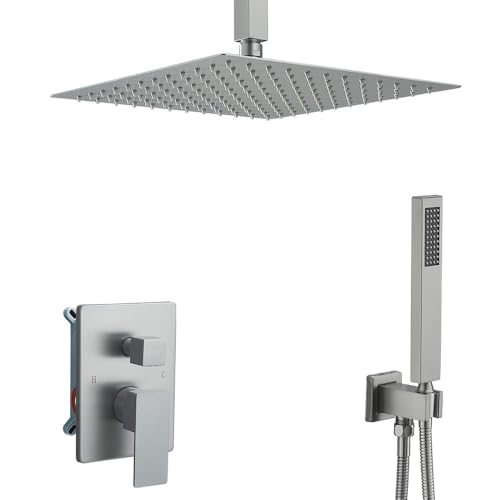 12 Inch Brushed Nickel Ceiling Mount Shower System Bathroom Luxury Rain Mixer Shower Combo Set Ceiling Rainfall Shower Head System Faucet Contain Rough-in Valve and Trim Included - color: Brushed Nickel, size: 12 Inch