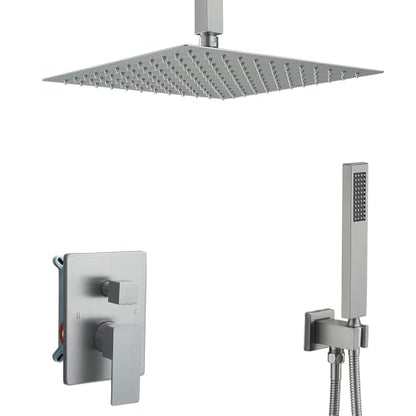 12 Inch Brushed Nickel Ceiling Mount Shower System Bathroom Luxury Rain Mixer Shower Combo Set Ceiling Rainfall Shower Head System Faucet Contain Rough-in Valve and Trim Included - color: Brushed Nickel, size: 12 Inch