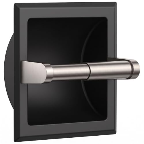 FORIOUS Recessed Toilet Paper Holder for Mega Roll, Black & Brushed Nickel | Stainless Steel Tissue Roll Holder Wall Mount for Bathroom Space-Saving Design, in Wall Toilet Paper Dispenser Insert - color: Black & Stainless Steel