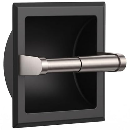 FORIOUS Recessed Toilet Paper Holder for Mega Roll, Black & Brushed Nickel | Stainless Steel Tissue Roll Holder Wall Mount for Bathroom Space-Saving Design, in Wall Toilet Paper Dispenser Insert - color: Black & Stainless Steel