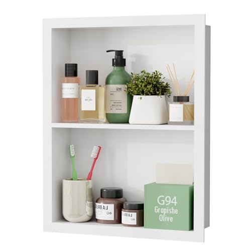 Stainless Steel Recessed Medicine Cabinet 14''*18'', Rust-Proof Metal Wall Niche, in Wall Shower Niche Shelf Insert Replacement, Recessed Medicine Cabinets for Drywall, Bathroom Storage, White - color: White, size: 18''H * 14''W (2-Tier)