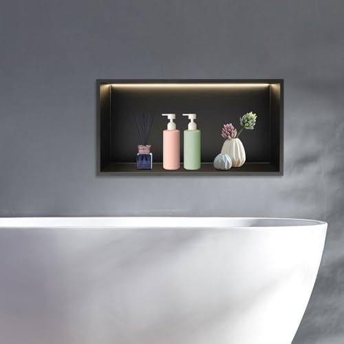 LED Light Shower Niche, Wall Niche, 25" x 13" Stainless Steel Bathroom Cabinet with 4000K Warm White Light, IP66 Waterproof Recessed Shampoo Storage in Wall, Black - color: Black