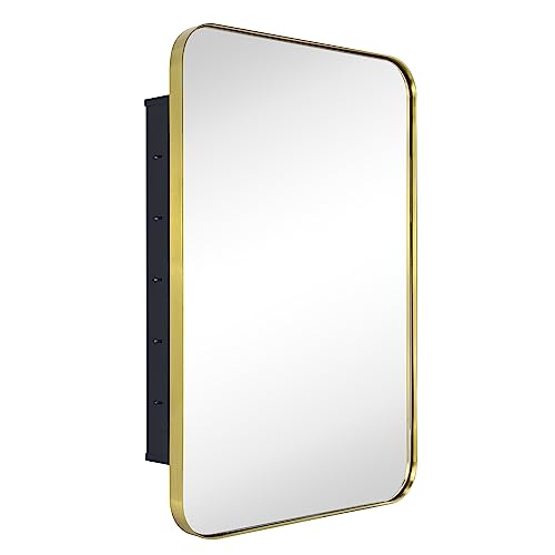 Brushed Gold Rectangle Recessed Bathroom Medicine Cabinet with Mirror Stainless Steel Metal Framed Rounded Rectangular Bathroom Cabinet with Mirror 16x24'' - color: Brushed Gold, size: 16'' x 24''