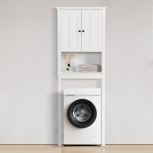 Over The Toilet Storage Cabinet, Bathroom Storage Cabinet Organizer with Double Doors and Adjustable Shelf, 23.62x7.72x67.32 inch,Bathroom Space Saver,White