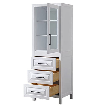 Wyndham Collection Daria Linen Tower in White with Matte Black Trim, Shelved Cabinet Storage, and 3 Drawers