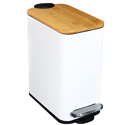 SIDIANBAN Bathroom Trash Can with Bamboo Lid Soft Close and Foot Pedal, Small Rectangular Slim Garbage Can with Inner Wastebasket for Bedroom, Office, Kitchen, 1.3Gal/5L, White | Small Rectangular Slim Garbage Can with Inner Wastebasket for Bedroom, Offic