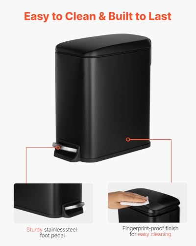 VEVOR Slim Bathroom Trash Can, 11.4 x 5.71 x 10.7 Inch Small Bedroom Trashcan with Step Pedal & Soft Close Lid, 6L Steel Garbage Can with Detachable Inner Bin, for Kitchen, Home, Dorm, Office, Black