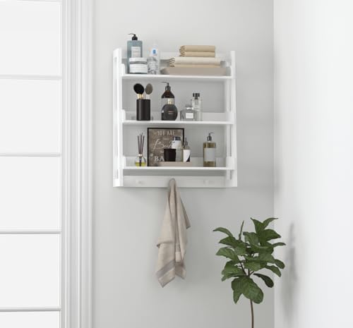 UTEX Bathroom Wall Shelf, 3-Tier Wall-Mounted Organizer with Hooks, White | Space-Saving Ladder Design, 3 Fixed Shelves, 3 Hooks, FSC-Certified Wood for Bathrooms, Kitchens, Bedrooms, and Living Rooms