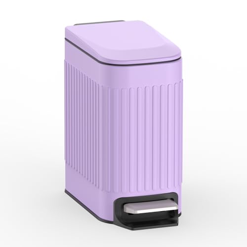 TrashAid 1.6Gal Slim Bathroom Trash Can with Lid Soft Close & Pedal, Purple | Removable Inner Bucket, Stainless Steel Garbage Can, Small Wastebasket for Toilet/Office/Bedroom, Retro Design, Odor Control - color: Purple