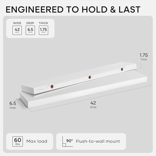 White Floating Shelves 42 inch, High End Solid Real Wood 42inch Floating Shelf for Wall Mounted, White Wooden 42in Long Floating Shelves, Heavy Duty Bracket, 42 X 6.5 X 1.75 inches, Set of 2 - color: Classic White - Soft Neutral Satin, size: 42 inch