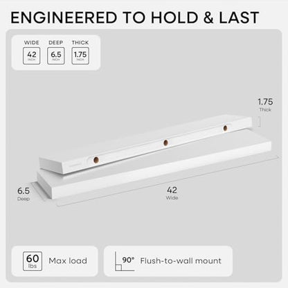 White Floating Shelves 42 inch, High End Solid Real Wood 42inch Floating Shelf for Wall Mounted, White Wooden 42in Long Floating Shelves, Heavy Duty Bracket, 42 X 6.5 X 1.75 inches, Set of 2 - color: Classic White - Soft Neutral Satin, size: 42 inch