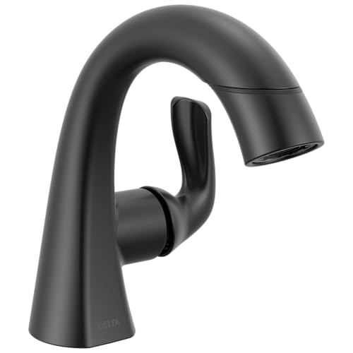 Delta Arvo 1 Hole Matte Black Bathroom Faucet with Sprayer, Single Hole Bathroom Sink Faucet with Pull Out Sprayer for Vanity, Push-Pop Drain, Matte Black 15840LF-BLPD - color: Matte Black