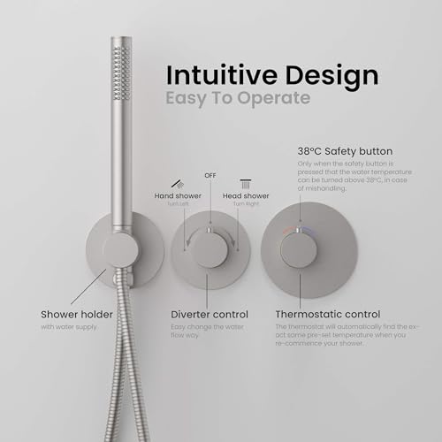 Circular Brushed Nickel Thermostatic Shower System – Rainfall & Handheld Shower Head Set | 2-Function Shower Faucet Set with Rough-In Valve | Solid Brass Build & Temperature Control (KSF410BN) - color: Brushed Nickel