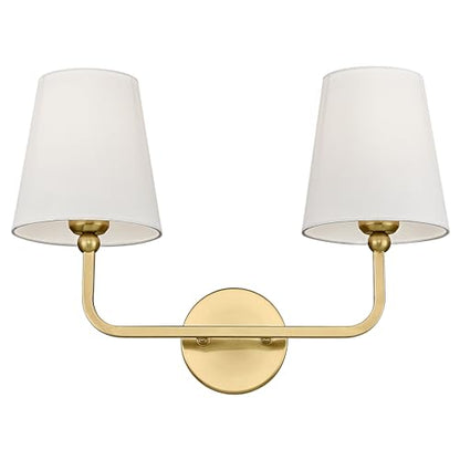 2 Light Bathroom Vanity Light, Brushed Gold Double Wall Sconce with Flared White Fabric Shade, Modern Sconces Wall Lighting for Hallway Bedroom Stairway, VL837-BG | 17" double wall sconce, upward only, E26 base, hardwired, bulbs not included, VL837-BG - c