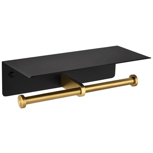 APLusee Double Toilet Paper Holder with Shelf, Black & Gold, Wall Mounted | 304 stainless steel, rustproof for bathroom, restroom, powder room, kitchen, 2-in-1 functional 2 paper rolls & phone storage - color: Black Gold, size: Double Rod