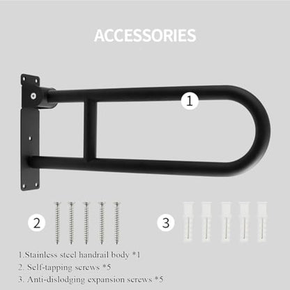 U-Shaped Polished Foldable Toilet Grab Bar,Matte Black Flip-Up Bathroom Handrail for Elderly Handicap Pregnant,Wall Mounted Barrier-Free Folding Shower Assist Aid (Black 60cm) - color: Black