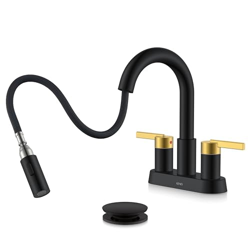 Black and Gold Centerset Pull Down Bathroom Faucet 4 Inch 2 Handle | Pull Out Bathroom Faucet with Pop Up Drain & Supply Lines, Lead-Free cUPC & NSF Certified, 3 Hole Faucet for Vanity RV Bar - color: Black & Gold