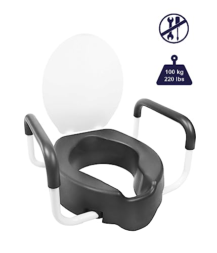 KMINA 4 Inch Soft Raised Toilet Seat with Handles and Lid, 220 lb Capacity, Fits Round & Compact Elongated Bowls up to 15" Wide, Tool-Free Clamp-On Riser, Black | Toilet Booster for Elderly, Seat Adapter with Armrests, Soft Foam, Adjustable Anchors, Easy