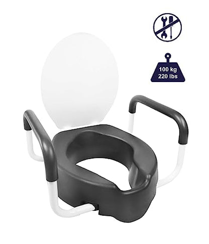 KMINA 4 Inch Soft Raised Toilet Seat with Handles and Lid, 220 lb Capacity, Fits Round & Compact Elongated Bowls up to 15" Wide, Tool-Free Clamp-On Riser, Black | Toilet Booster for Elderly, Seat Adapter with Armrests, Soft Foam, Adjustable Anchors, Easy