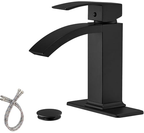 Matte Black Waterfall Bathroom Faucet for 1 or 3 Holes, Brass | Single Handle Bathroom Sink Faucets for Lavatory Commercial Vanity, Basin Taps with Deck Plate, Pop Up Drain and Supply Line - color: Matte Black, size: Short