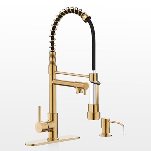 Kitchen Faucet with Soap Dispenser, Brushed Gold Kitchen Faucet, Kitchen Faucets with Pull Down Sprayer and Deck Plate, Stainless Steel Spring Camper Laundry RV Faucets for Kitchen Sinks - color: C.Brushed Gold, style: 1.Faucet+Soap Dispenser+Hole Cover