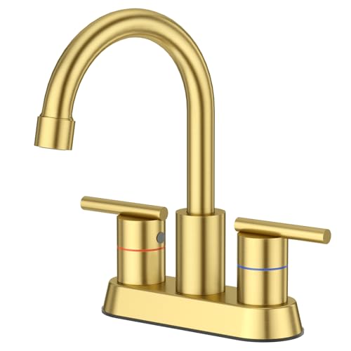 Faustina Brushed Gold Bathroom Faucet, 4 Inch Centerset Faucets for Sink 2 Holes 3 Holes，Two Handles 304 Stainless Steel Faucet with Pup up Drain Assembly and 2 Water Supply Lines for RV Vanity - color: Gold, style: Modern Centerset