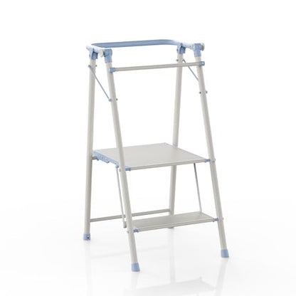 Foldable Toddler Tower, 2-in-1 Alloy Steel Kids Kitchen Step Stool & Adult 2-Step Ladder, Folding Kitchen Tower with Removable Safety Rail, Anti-Slip Steps for Kitchen & Bathroom - color: Soft Blue & Ivory