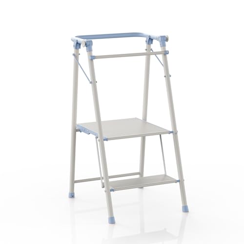 Foldable Toddler Tower, 2-in-1 Alloy Steel Kids Kitchen Step Stool & Adult 2-Step Ladder, Folding Kitchen Tower with Removable Safety Rail, Anti-Slip Steps for Kitchen & Bathroom - color: Soft Blue & Ivory