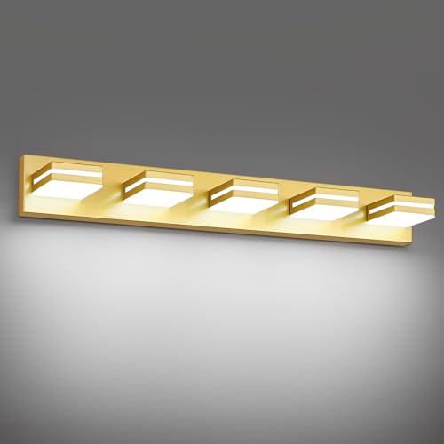 Modern LED Gold Acrylic Bathroom Lights Fixtures 5-Light | Wall Lighting,Vanity Lights for Bathroom Over Mirror 6000K 350°Rotate（No Assembly Required） - color: Gold, size: 34.25 in