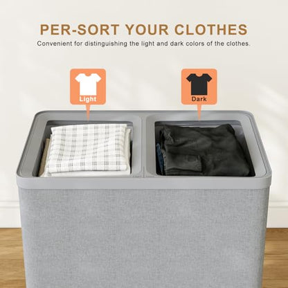 Double Laundry Hamper with Lid, 150L Large Laundry Basket 2 Compartments | Gasvadivum Dirty Clothes Hamper 2 Section with Portable Liner Bags and Handles for Laundry Room, Bedroom, Easy Assembly, Grey - color: Grey