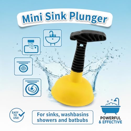Sink Plunger, Mini Plunger with Short Handle & Drain Clog Remover, Easy to Use Powerful Unclogging Tool for Kitchen Sink, Shower Tub, Bathroom Drains, Bath