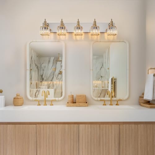 Crystal Bathroom Light Gold Chrome 5-Light Modern Bathroom Vanity Fixtures Over Mirror Square Wall Sconce - color: Gold Chrome-Square Shade, size: 5-Light