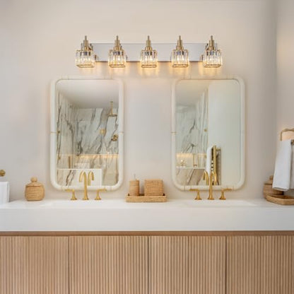 Crystal Bathroom Light Gold Chrome 5-Light Modern Bathroom Vanity Fixtures Over Mirror Square Wall Sconce - color: Gold Chrome-Square Shade, size: 5-Light