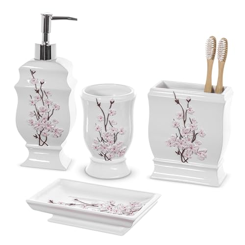 Vanda Cherry Blossom 4 Piece Resin Bathroom Accessories Set | Includes Soap Dispenser, Toothbrush Holder, Tumbler Cup & Soap Dish - style: 4 Piece Set