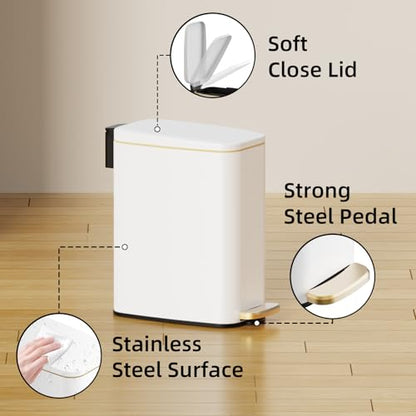 KSSKSS Small Bathroom Trash Can with Lid Soft Close, Step Pedal, 6L / 1.6 Gal Stainless Steel Garbage Bin with Removable Inner Bucket, Slim Wastebasket for Narrow Spaces (White) - color: White--P