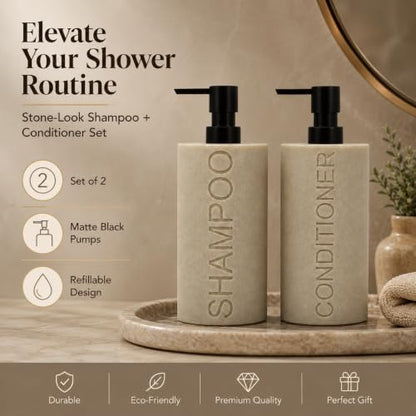 Resin 2 Pack Shampoo, Conditioner or Body Wash Dispenser Set, Luxurious Refillable Pump Bottles with Matte Pump Top and Embossed Text, Durable Design for Bathroom and Shower - color: Tan Shampoo & Conditioner
