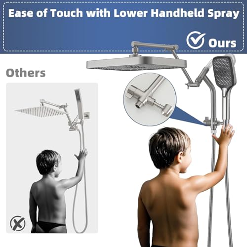 14" High Pressure Rain/Rainfall Shower Heads With Handheld Spray Combo (3+1 Settings & Built-in Power Wash Mode), Double/Dual Shower Head With Handheld - Height/Angle Adjustable(Brushed Nickel) - color: Brushed Nickel, size: 14 Inch