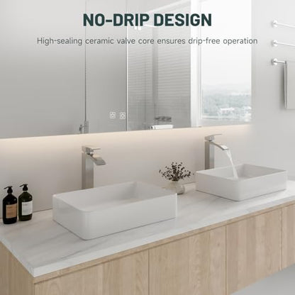 Brushed Nickel Vessel Sink Faucet, Waterfall Bathroom Faucets | Brass, Tall Spout, Single Handle 1 Hole Bathroom Faucet, Modern Basin Taps with Supply Line, Pop Up Drain, Without Overflow - color: Brushed Nickel, size: Tall