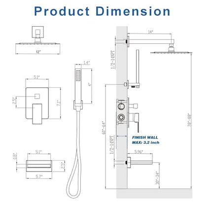 Tub Shower System with 12" Rain Head, Handheld & Valve Kit | All-Metal Tub Shower Faucet Set, Wall Mounted Rain Showerhead, Handheld Spray, Includes Valve and Trim Kit, Brushed Nickel - color: Brushed Nickel 12