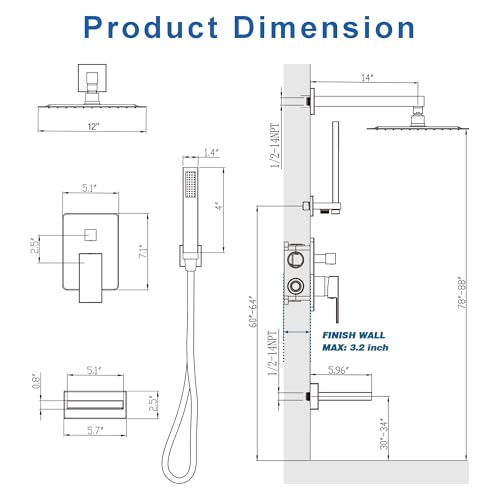 Black Tub Shower System with 12" Rain Head, Handheld & Valve Kit | All-Metal Tub Shower Faucet Set, Wall Mounted Rain Showerhead, Handheld Spray, Includes Valve and Trim Kit, Matte Black - color: Matte Black 12