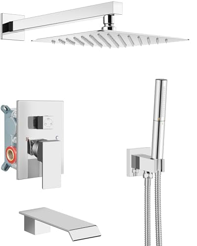 Aolemi Shower System with Tub Spout and Valve Polish Chrome | 10-Inch Square Wall Mounted Rainfall Shower Head and Handheld,3-Function Bathtub Shower Faucet Set - color: Chrome