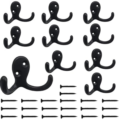 Kruodop 10 Pack Wall Hooks Wall Mounted Coat Hooks for Hanging Heavy Duty, Black Towel Hooks, Metal Double Coat Hanger with Screws Cup Retro for Coats, Handbags, Towels, Hat - color: black10pcs
