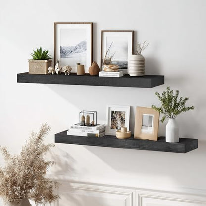 Solid Wood Floating Shelves, 36 Inch Wall Shelves, Set of 2, Black | 8 Inch Deep, 1.6 Inch Thick, Extra-Wide Display Space, Mounting Hardware Included, For Kitchen, Bathroom and Living Room - color: Black, size: 36x8x1.6