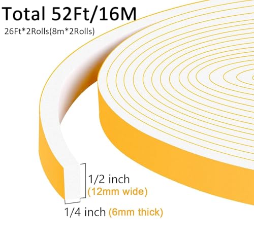 Weather Stripping, Foam Tape, 52Ft Bulk Pack, Whole House Sealing | Blocks Drafts, Noise, Light & Dust,, Single-Sided, Close Cell, Easy Install, Removable, No Residue, Fits Doors & Windows - color: White, size: 1/2 In x 1/4 In x 52Ft
