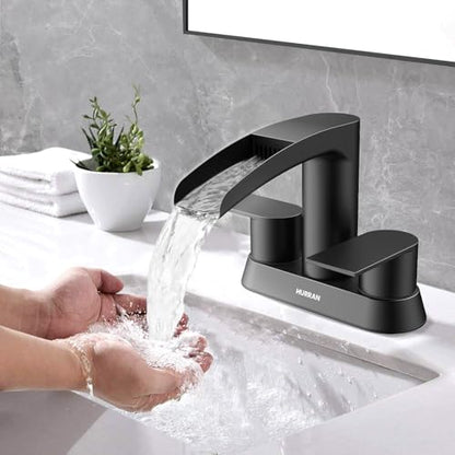 Bathroom Sink Faucet for 3 Hole, Hurran 4 Inch Bathroom Faucets with Pop-up Drain, Stainless Steel 2-Handle Waterfall Faucet for Bathroom Sink, Matte Black - color: Black