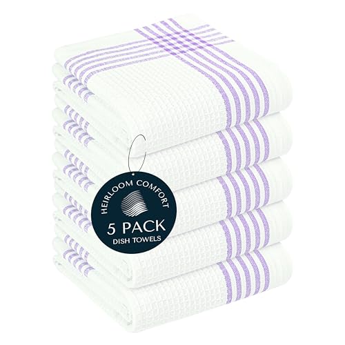 Lavender and White Kitchen Towels 5 Pack, 16x26 Inch, 100% Cotton Waffle Weave, Super Absorbent, Quick Dry, Soft & Durable Dish Towels for Drying, Cooking, Cleaning Tasks - color: Lavender, White, style: 5 Pack